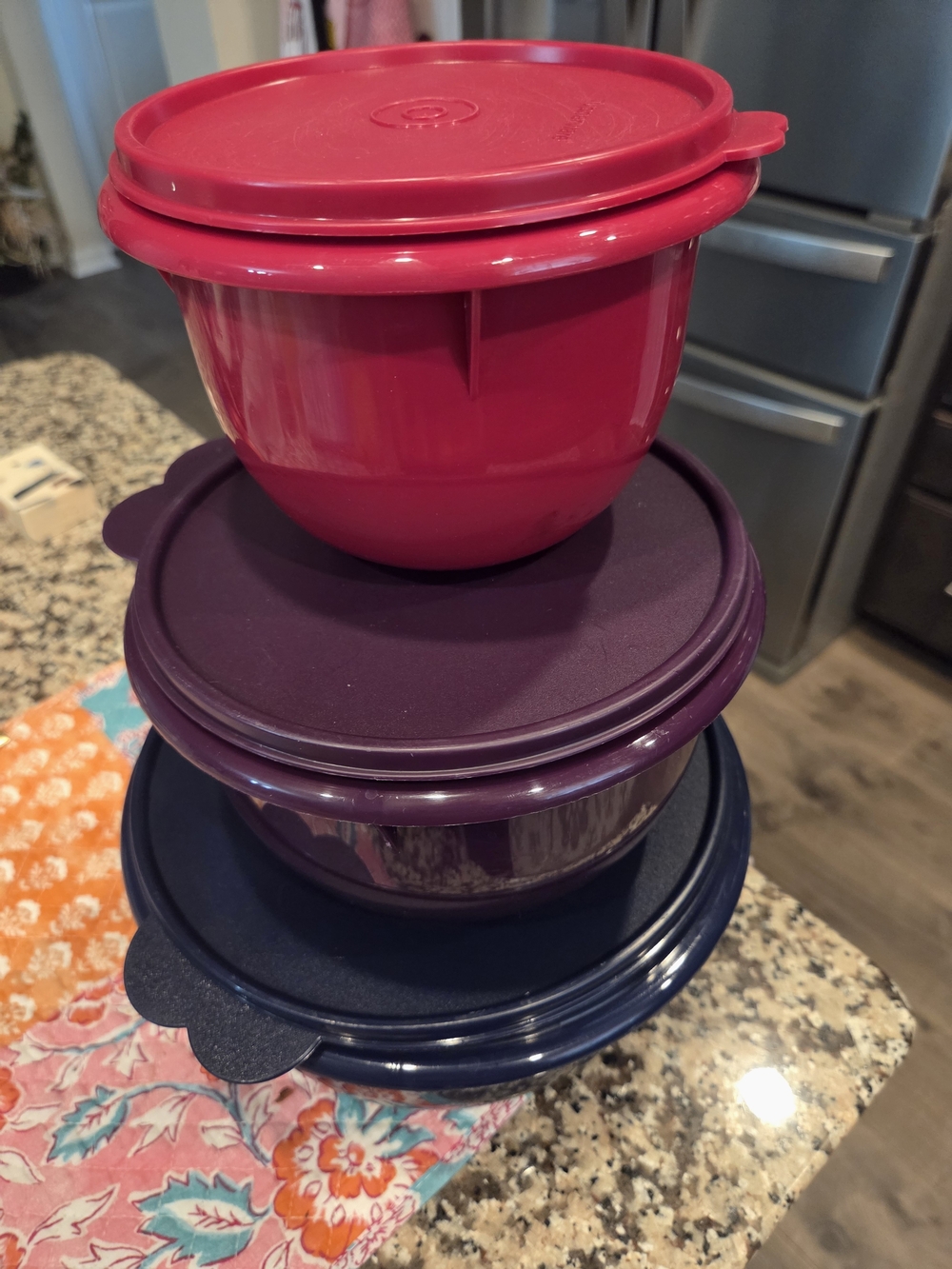 Tupperware Stackable Red, Purple, and Blue Food Storage Container Set